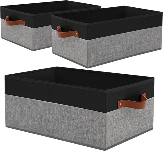 3 Pack Large Capacity Storage Bins Closet Organizer for Shelves, Fabric Closet Storage Baskets Boxes with Leather Handles for Organizing Clothes, Sheets, Jeans, Toys, Books (Black and Grey)