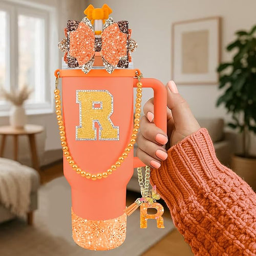 9PCS Orange for Stanley Cup Accessories Set Bling Initials Bow Charms for - Image 2