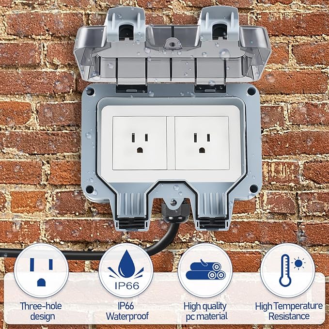 Outdoor Power Outlet Box with 32.8Ft Extension Cord, NEMA 5-15R, STW 14 AWG - Image 4