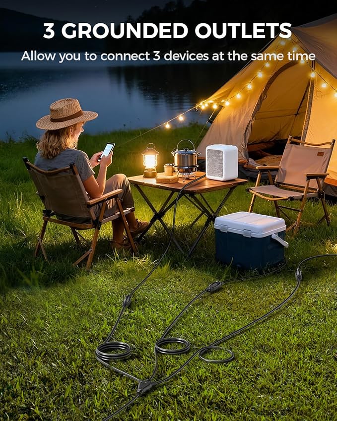28 Ft Outdoor Extension Cord, 1 to 3 Splitter Heavy Duty Weatherproof Power Cord - Image 7