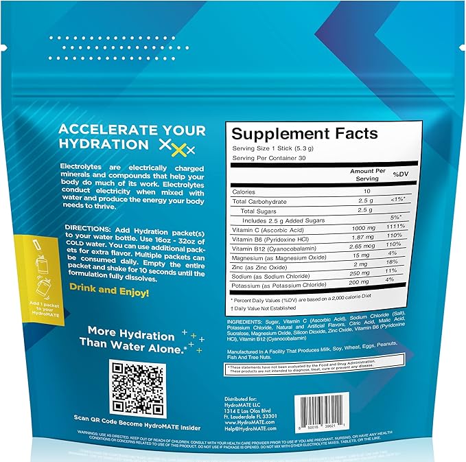 HydroMATE Electrolyte Powder Lemon Lime Hydration Packets Low Sugar 30 Count - Image 4