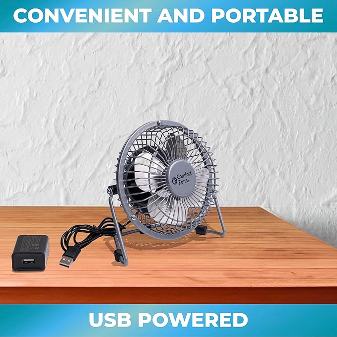 Comfort Zone 4-inch All-Metal Mini Desk Fan – High Velocity Portable USB Fan - Image 5