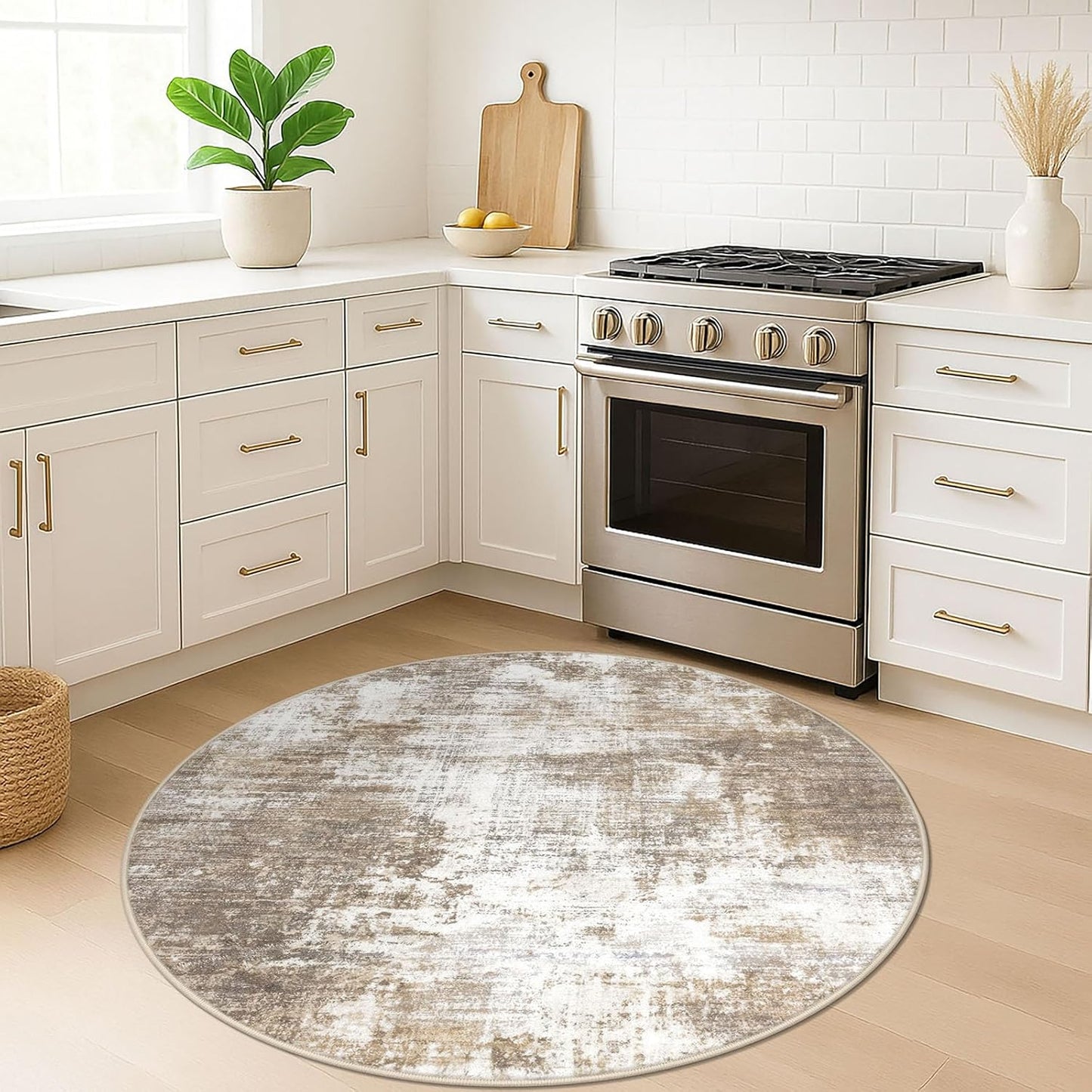 IOHOUZE Round Area Rug 5 Ft Circle Entryway Rugs Round Washable Door Mat Indoor Entrance, Non Slip Circle Front Door Rug, Printed Abstract Faux Wool Floor Carpet for Foyer Porch Sink, Beige Brown