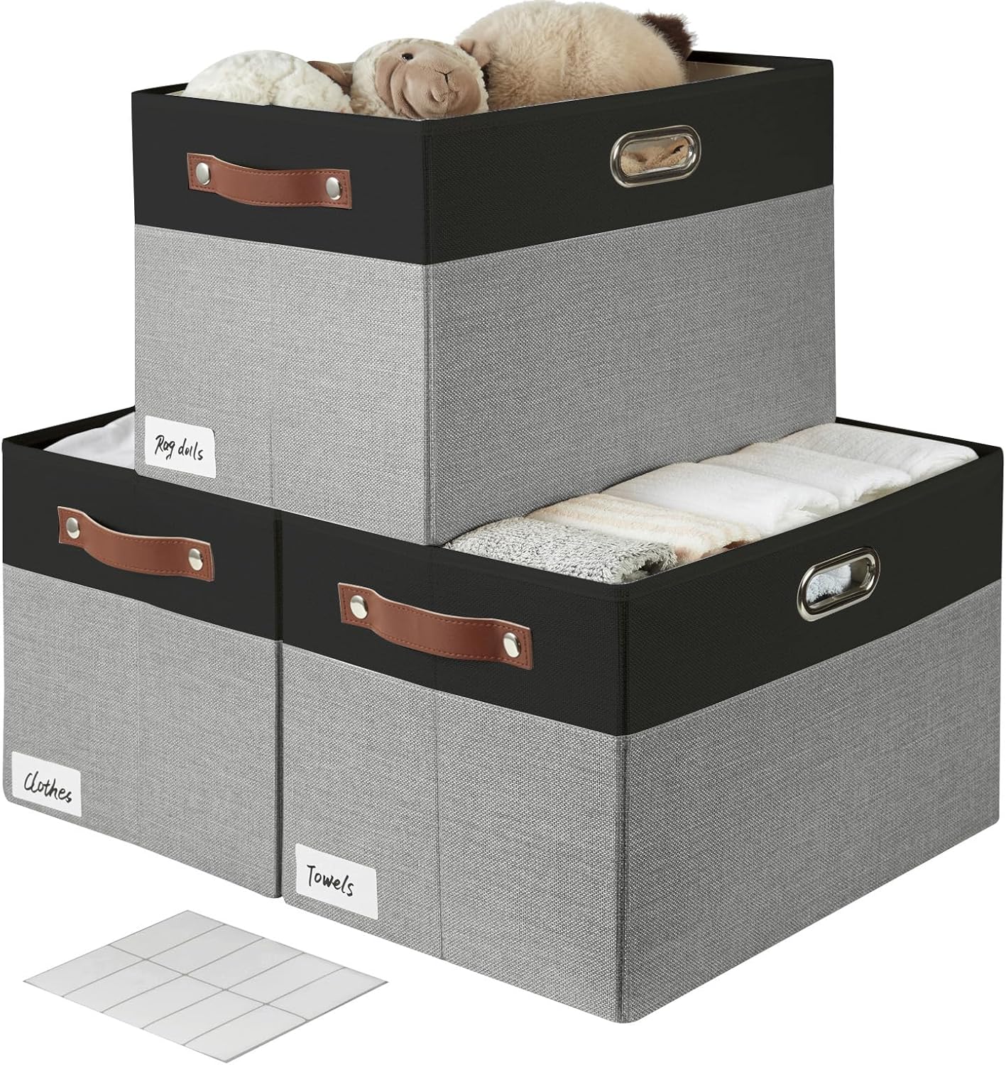 Large Collapsible Fabric Storage Bins with 3 Handles, Foldable Organizer Baskets for Closet, Shelves, Living Room | 3 Pack, Durable PU & Metal Handles (17"x11.8"x11.8", Black & Gray)