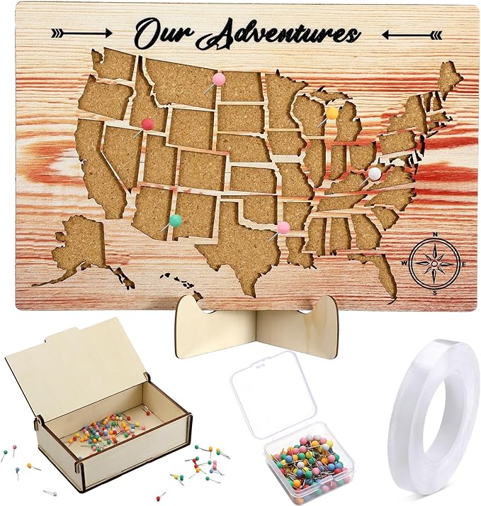 Cork Board USA Travel Map with Push 100 Pin and Wooden Storage Box 12" x 8" by Humyoun