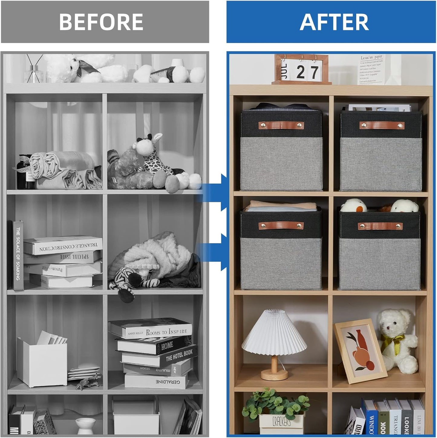 Temary 11 x 11 Cube Storage Bins Fabric Storage Cubes for Shelf, Closet, 4 Pack Cube Basket for Clothes, Storage Cube Bins with Leather Handles(Black&Grey)