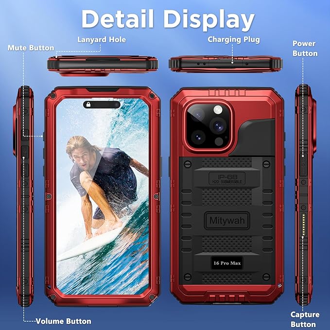 Mitywah Waterproof Case for iPhone 16 Pro Max, Heavy Duty Metal Cover - Image 6