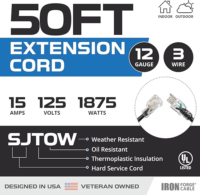 Iron Forge Cable 2 Pack 12 Gauge Outdoor Extension Cord 50 Ft, SJTOW 12/3 Heavy - Image 2