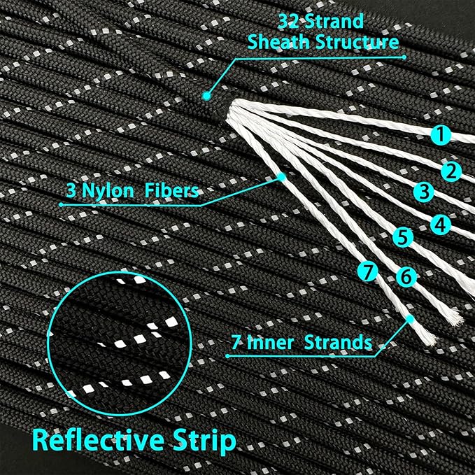 VVAAGG Reflective Paracord Rope 100FT, 7 Strand Nylon para Cord Lanyard Utility - Image 4