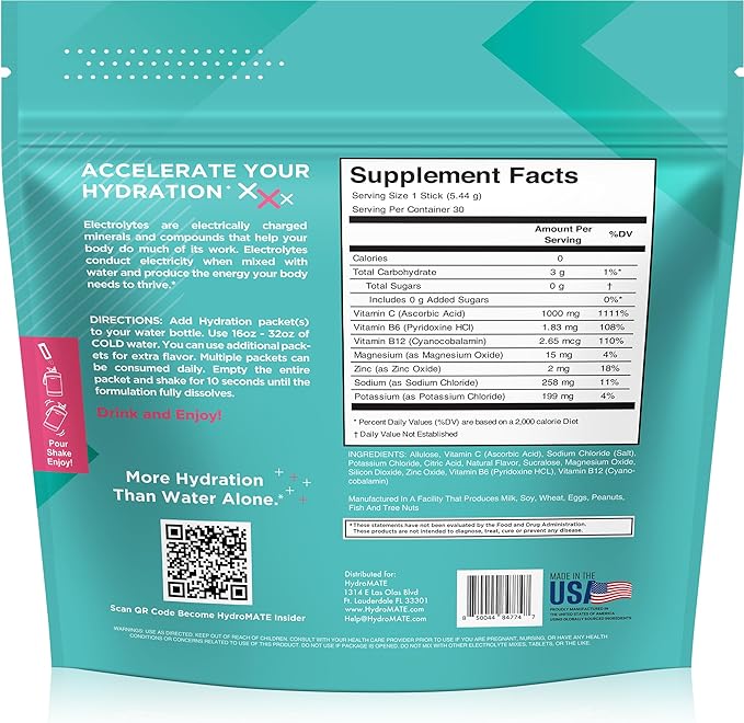 Electrolyte Powder Sugar-Free Hydration Packets Strawberry Lemonade HydroMATE - Image 4