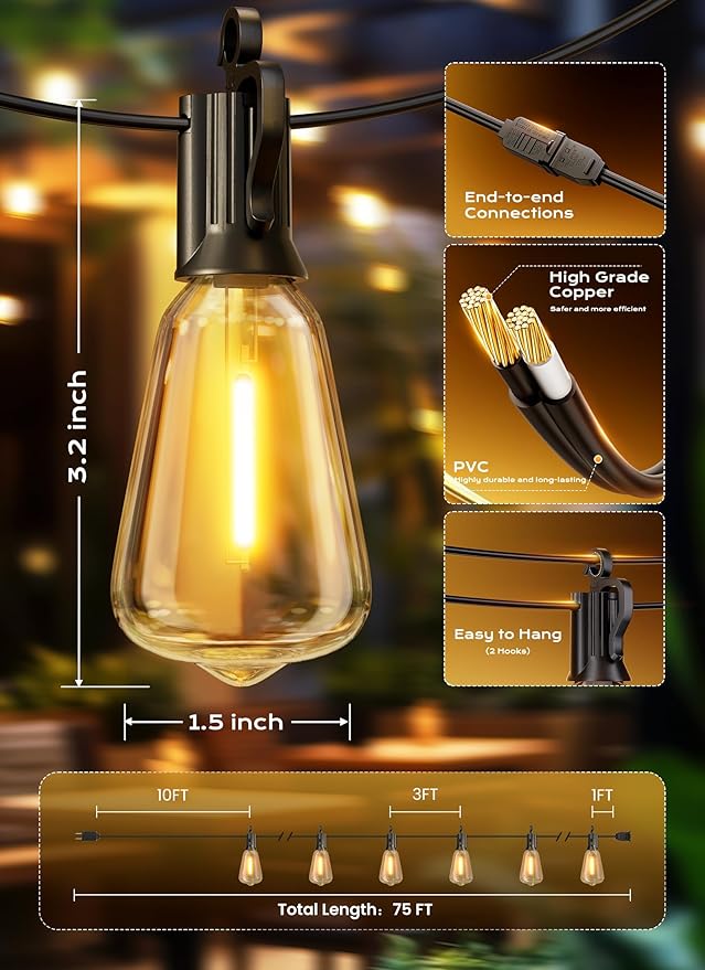 Brightown Outdoor String Lights, 75FT 22+2 LED ST38 LED Patio Lights - Image 7