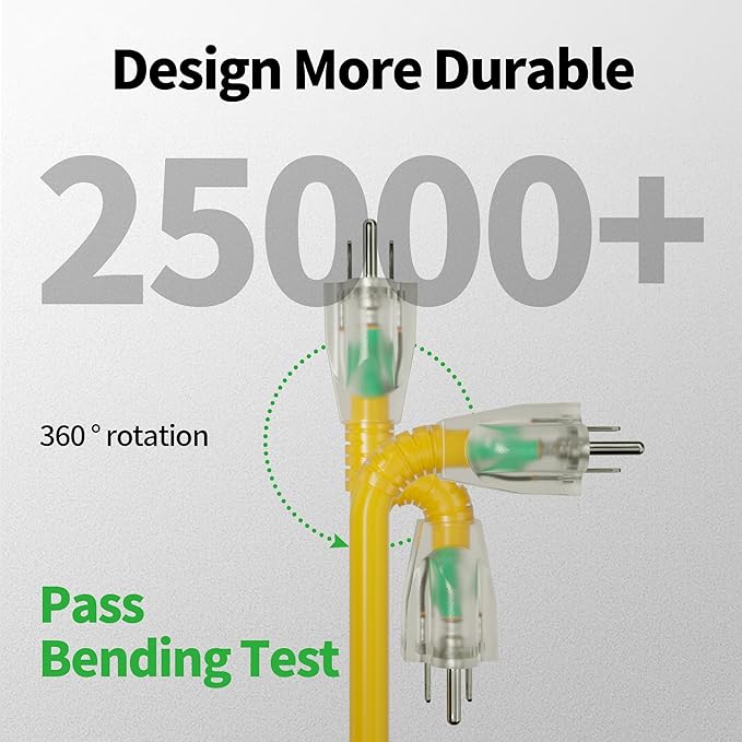 POWGRN 25 Ft 10AWG Outdoor Extension Cord Waterproof Heavy Duty 10 Gauge 3 Prong - Image 3