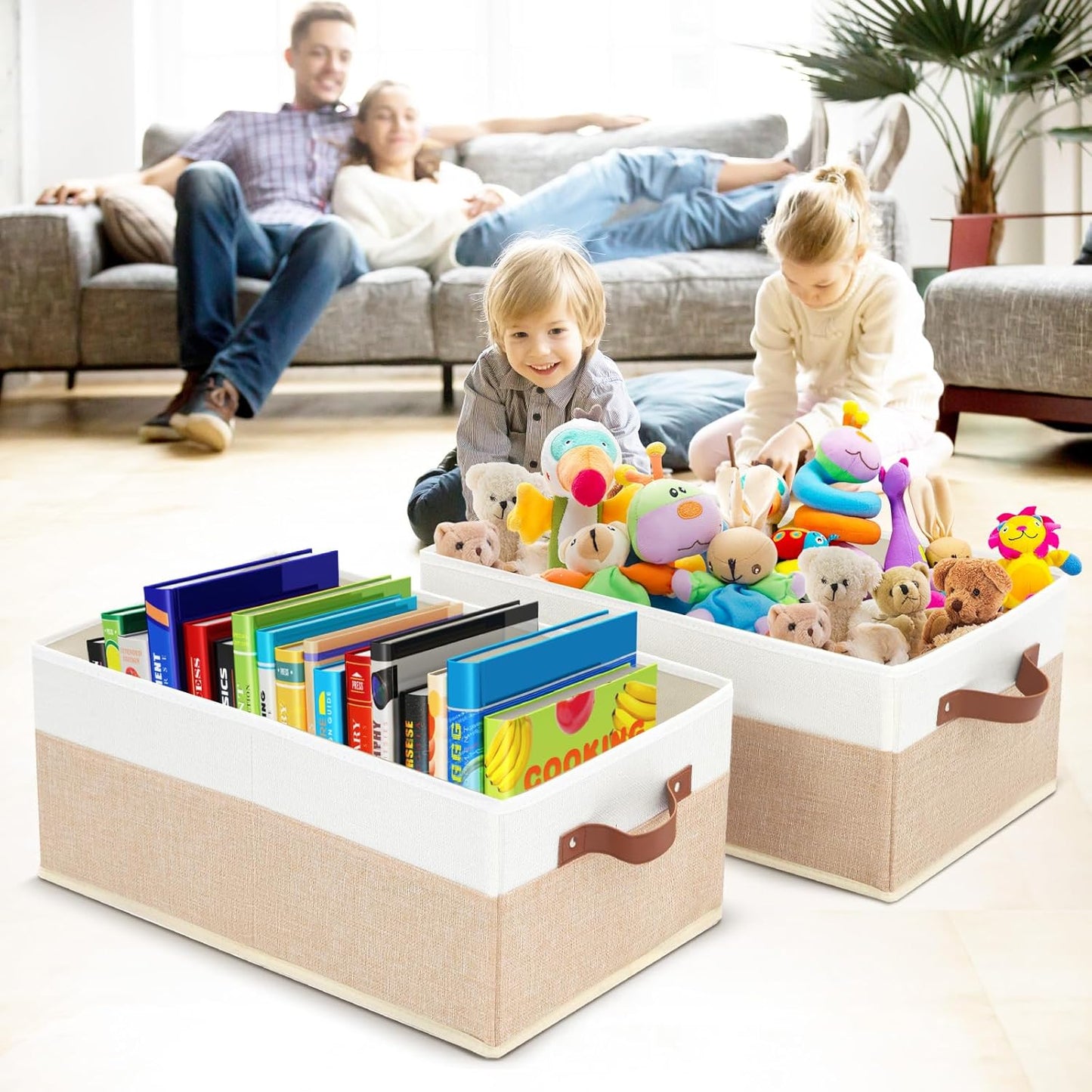 6 Pack Fabric Storage Bins, Large Storage Baskets for Shelves, Foldable Closet Organizer Storage Boxes with Leather Handles for Clothes, Sheets, Jeans, Toys, Books (Beige and White)