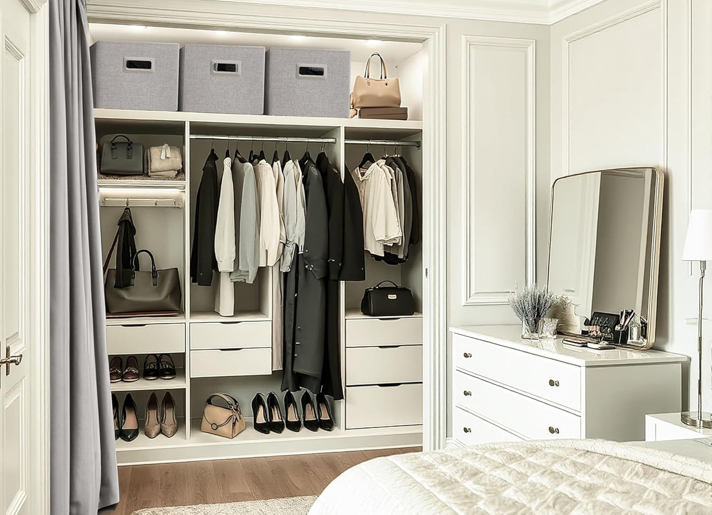 DECOMOMO Storage Bins for Shelves Robust Fabric Closet Bins for Shelves Toy Storage Clothes Books (Pack of 3 – Light Grey)