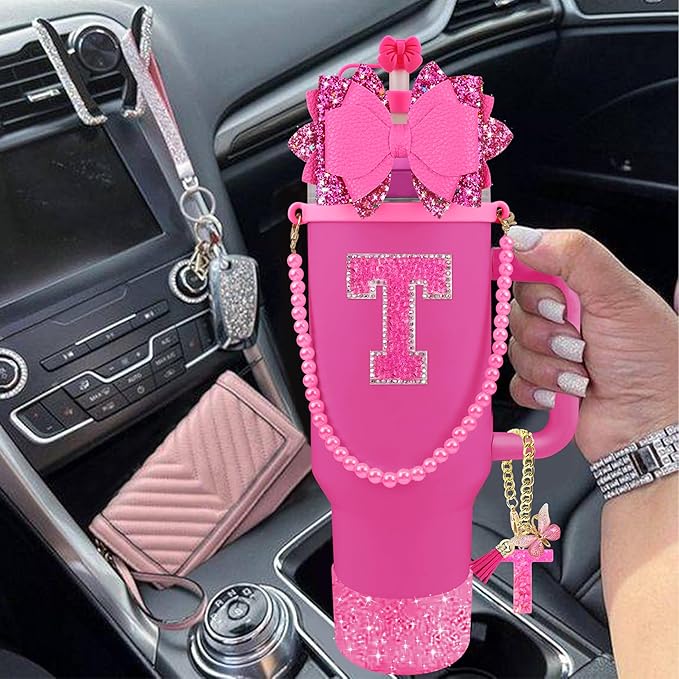 9PCS Hot Pink for Stanley Cup Accessories Set Bling Initials Bow Charms for - Image 6