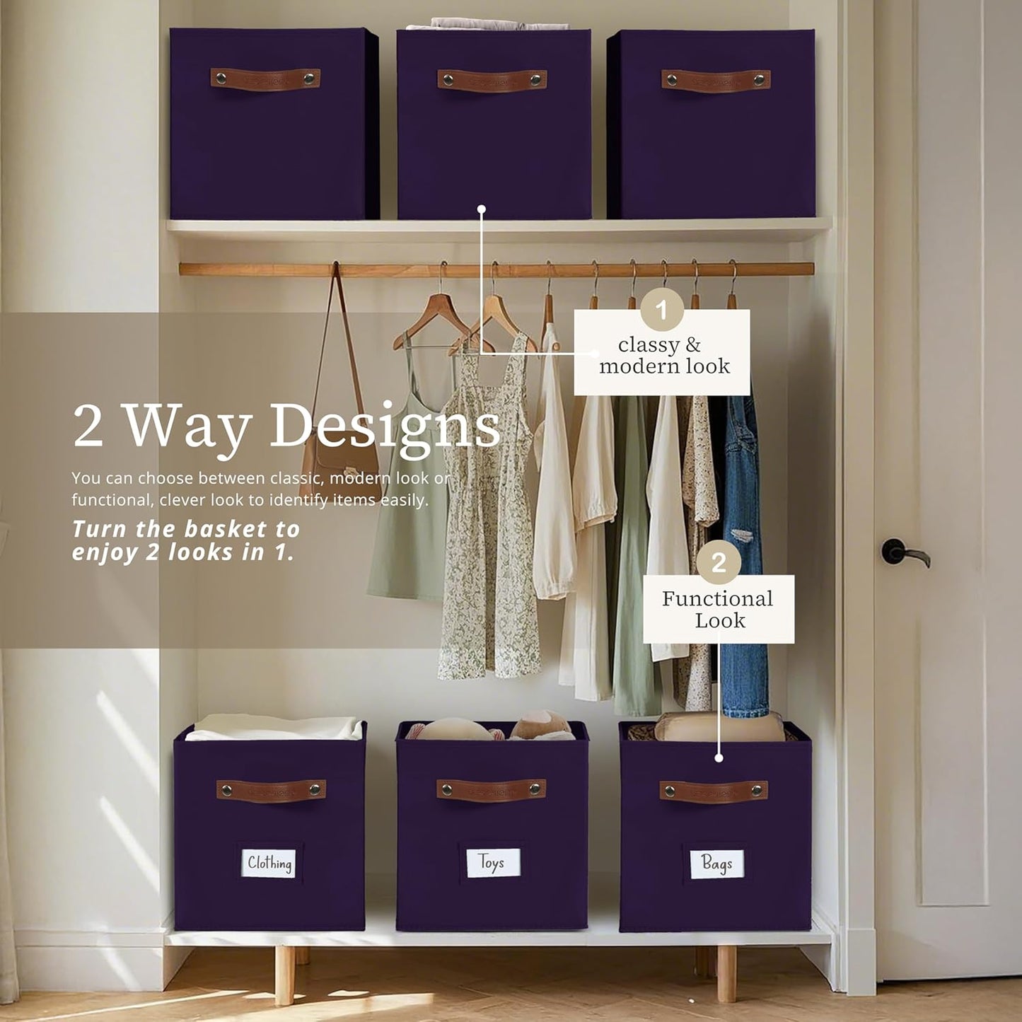 DECOMOMO Storage Bins, Cube Storage Bin with Labels, Fabric Storage Cubes for Shelves (10.5" x 11" / 6pcs, Deep Purple)