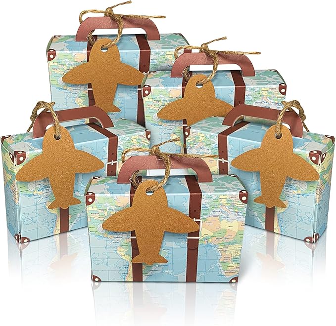 50Pcs Party Favor Candy Box, World Map Mini Suitcase Favor Box, Vintage Kraft by CHolic