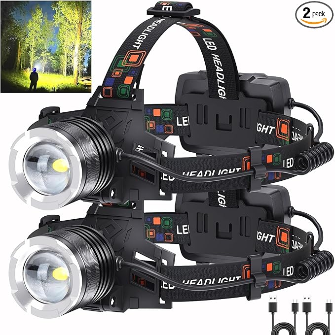 LED Rechargeable Headlamp 2 Pack, 000 Lumens Head Lamps Super Bright Long by BERCOL
