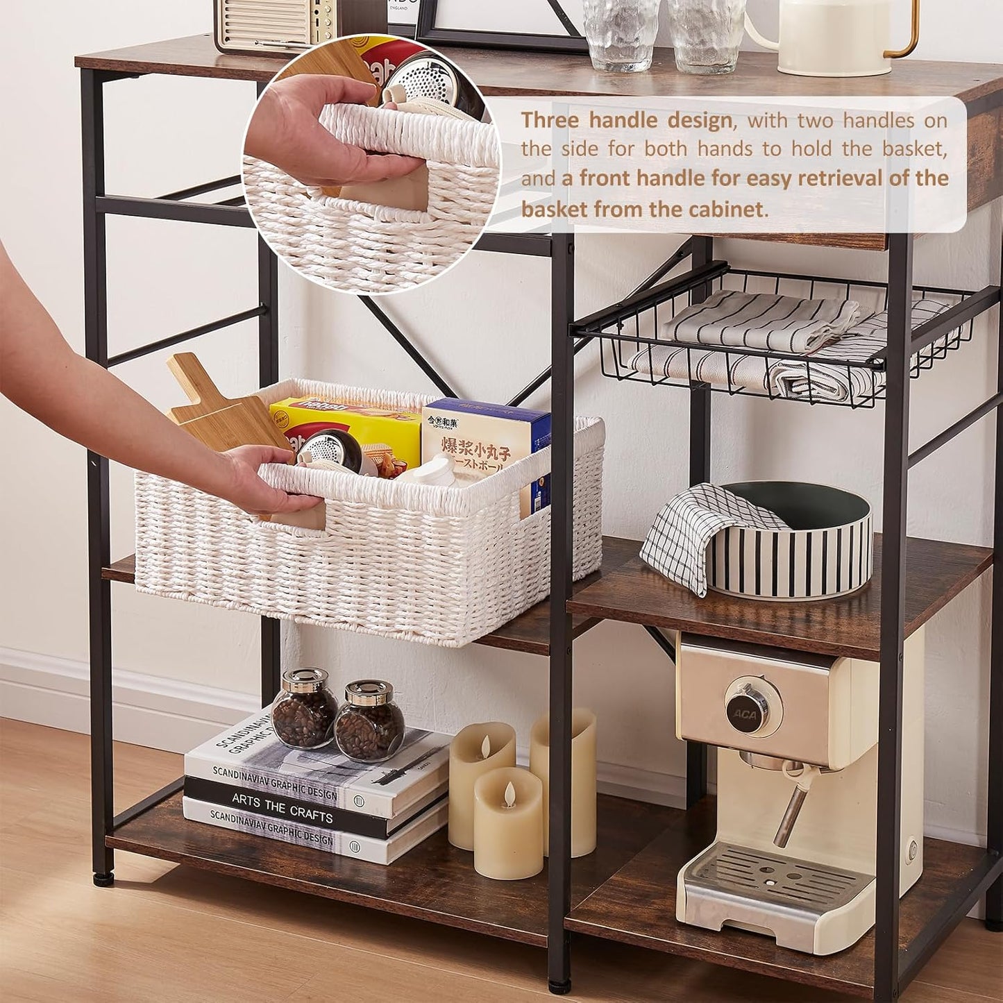 OIAHOMY Wicker Basket, Paper Shelf Basket with Built-in Handles, Rectangular Wicker Storage Bin for Pantry, Shelves, 1 Pack-White