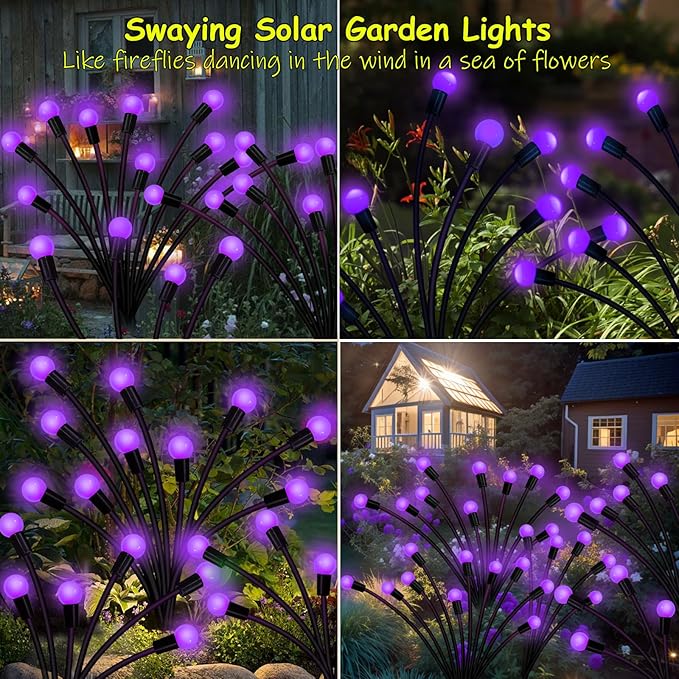 Solar Garden Lights Outdoor, 2 Pack 16 LED Solar Purple Firefly Lights - Image 3