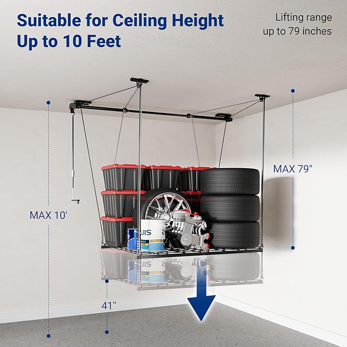 FLEXIMOUNTS Overhead Garage Storage Rack Lift, 4x4 Ft Heavy-Duty Garage Ceiling - Image 4