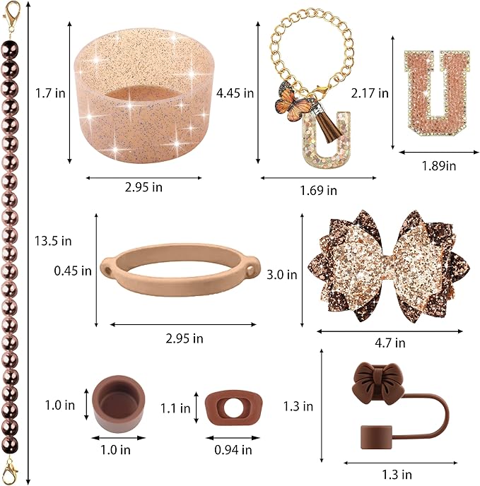 9PCS Brown for Stanley Cup Accessories Set Bling Initials Bow Charms for - Image 3