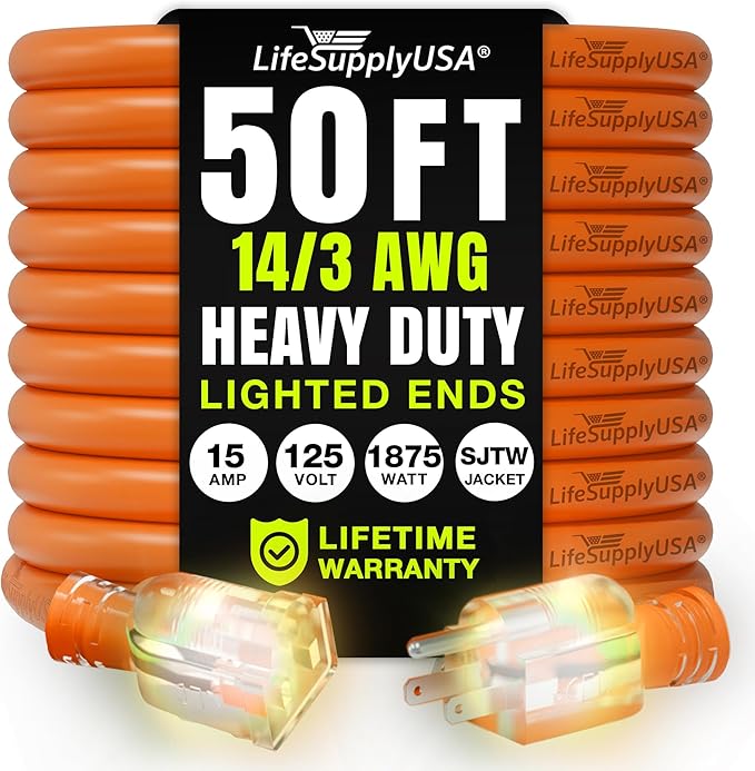 50ft Outdoor/Indoor Extension Cord 14/3 Gauge Heavy Duty 3 Prong SJTW, by LifeSupplyUSA