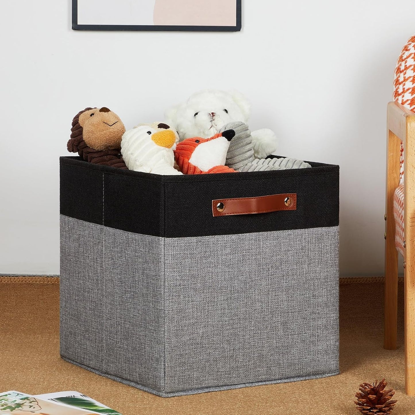 HNZIGE Storage Baskets for Organizing, Set of 4, Square Fabric Storage Cubes Bins 13 x 13, Collapsible Black Storage Bins for Shelves, Closets, Nursery, Home, Office (Black&Grey)