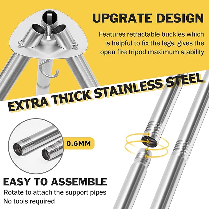 Joyfair Campfire Camping Tripod Grill Grate, Heavy Duty Stainless Steel - Image 2