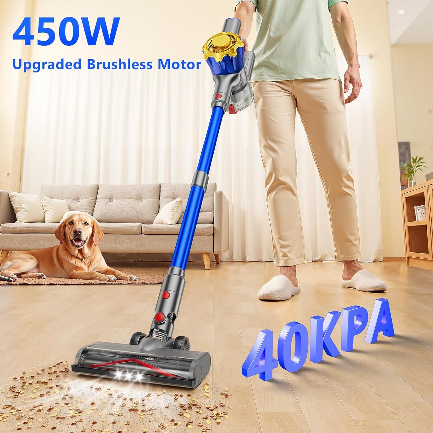 Cordless Vacuum Cleaner, 450W 40Kpa Powerful Stick Vacuum, Up to 50Mins Rechargeable Battery, Vacuum Cleaners for Home Anti-Tangled Lightweight Handheld for Hardwood Floor, Carpets, Pet Hair