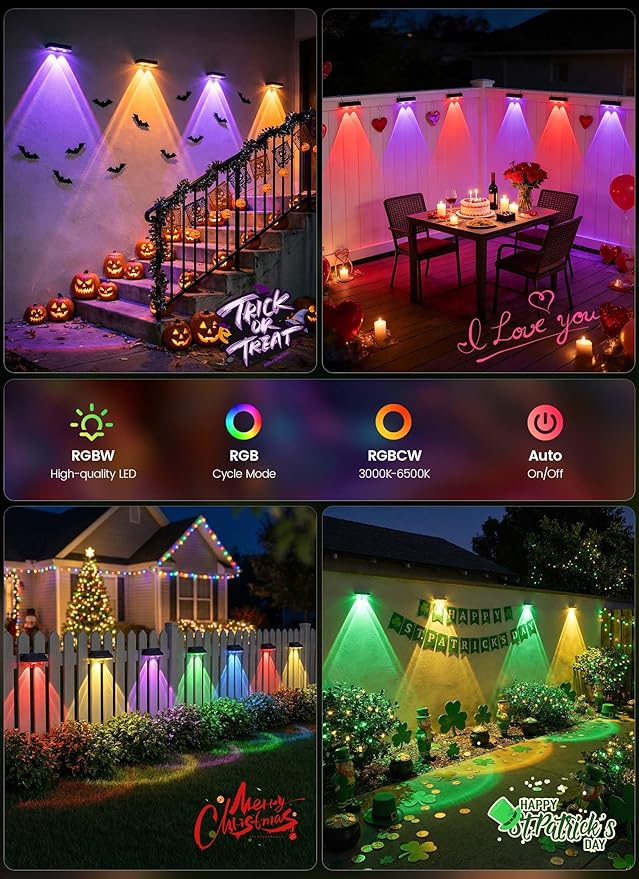Brightown 8 Pack Solar-Fence-Lights-Outdoor, IP65 Waterproof Warm White & RGB - Image 6