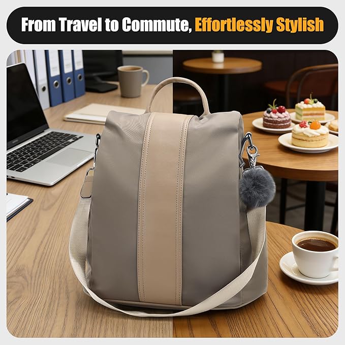 PINCNEL Women Khaki Medium Backpack Purse Waterproof Nylon Anti-theft Rucksack - Image 8