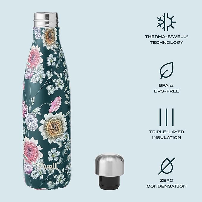 S'well Stainless Steel Water Bottle, Midnight Botanical, Triple Layered Vacuum - Image 3