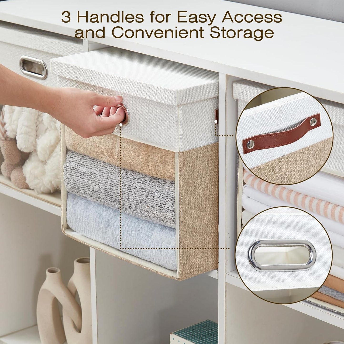 Fabric Storage Cubes with Clear Windows and Lids, 13'' Foldable Storage Bins with 3 Handles, Decorative Storage Boxes for Home, Bedroom, Closet, Office (Beige & White)