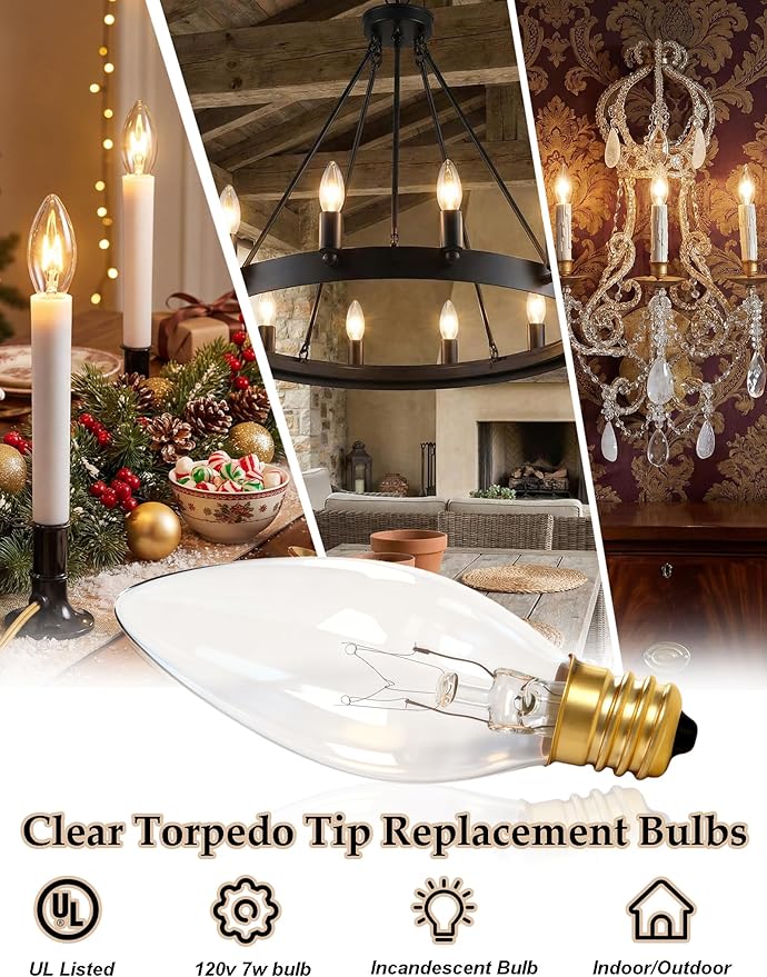 25 Pack Candle Light Bulbs, Crystal Clear Torpedo Tip Candelabra Replacement - Image 3