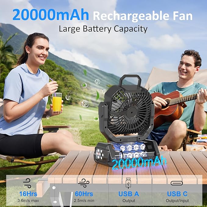Portable Fan Rechargeable, 20000mAh Cordless Battery Powered Camping Fan - Image 2