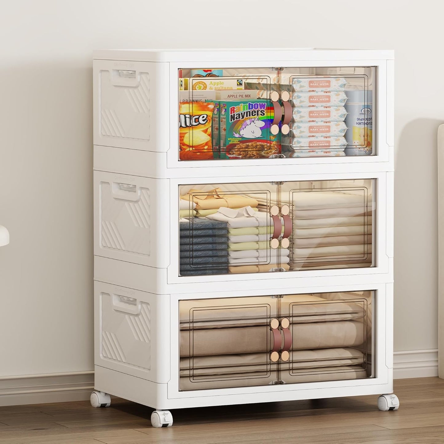 SAILUN 135QT Extra Large Collapsible Storage Bins with Wheels and Lid, Stackable Storage Bins Open Closet Organizers and Storage Storage Containers Drawers,19.7" L × 12.6" W × 34.8" H（3 Pack）