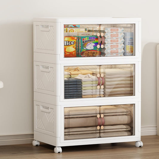 SAILUN 135QT Extra Large Collapsible Storage Bins with Wheels and Lid, Stackable Storage Bins Open Closet Organizers and Storage Storage Containers Drawers,19.7" L × 12.6" W × 34.8" H（3 Pack）