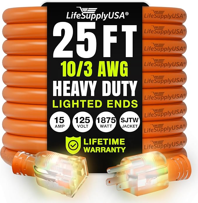 25ft Outdoor/Indoor Extension Cord 10/3 Gauge Ultra Heavy Duty 3 Prong SJTW by LifeSupplyUSA