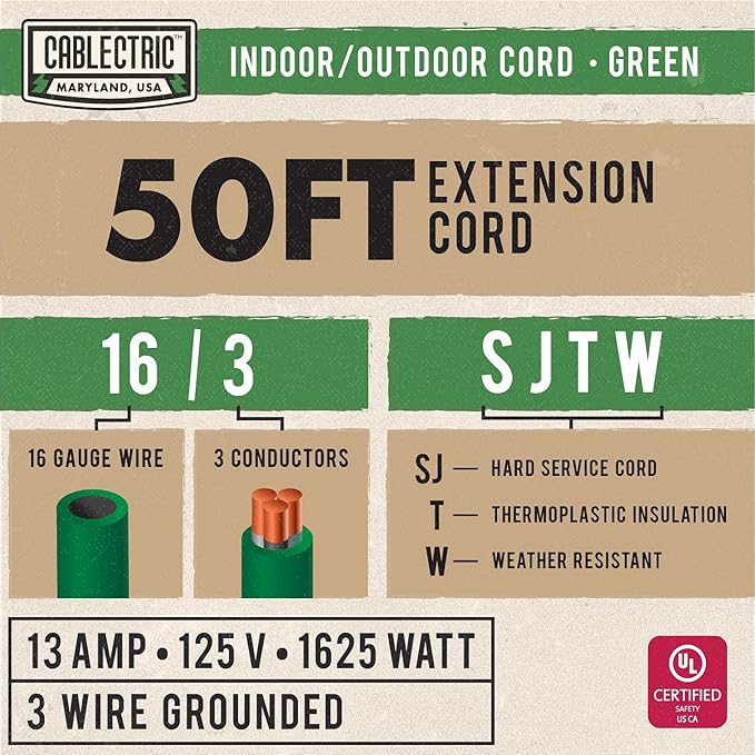 50 ft Outdoor Extension Cord 3 Prong, 16/3 SJTW Weatherproof Green Extension - Image 2