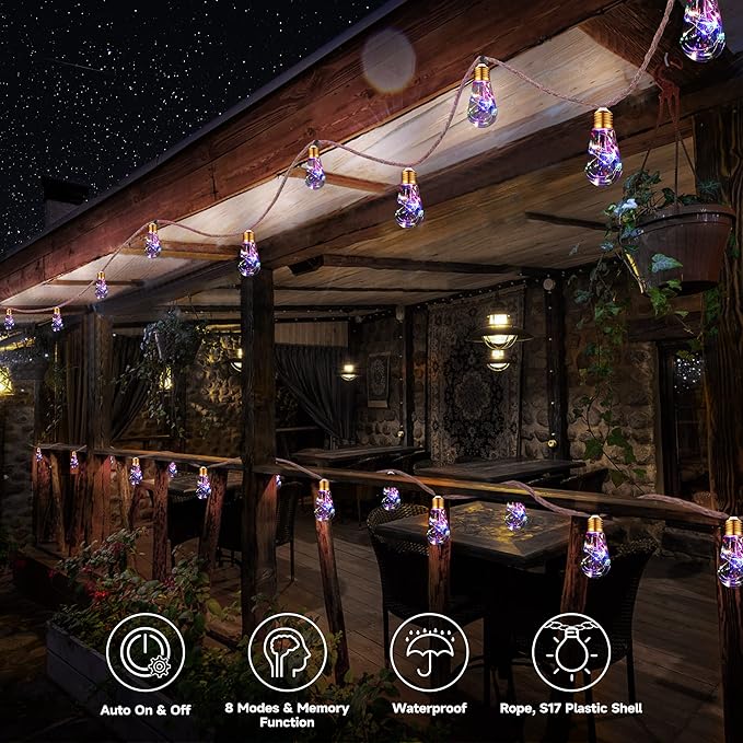 Solar Outdoor String Lights, 20Ft Vintage Rope Hemp Solar Patio Lights - Image 2