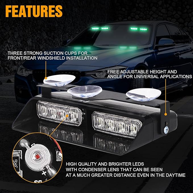 XRIDONSEN 2 in 1 Green Emergency Lights Dash Strobe Lights Interior Windshield - Image 3