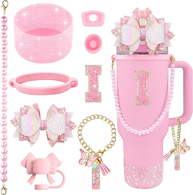 9PCS Pink for Stanley Cup Accessories Set Bling Initials Bow Charms for Stanley by Unknown
