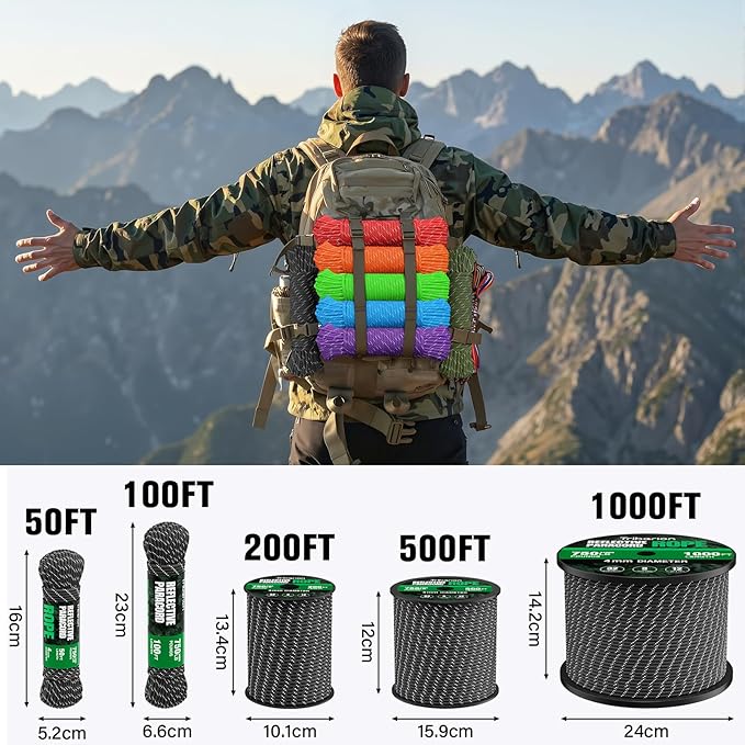 Reflective Paracord Rope 750 lb - 500ft 5/32" Parachute Cord 4MM 12-Strand para - Image 4