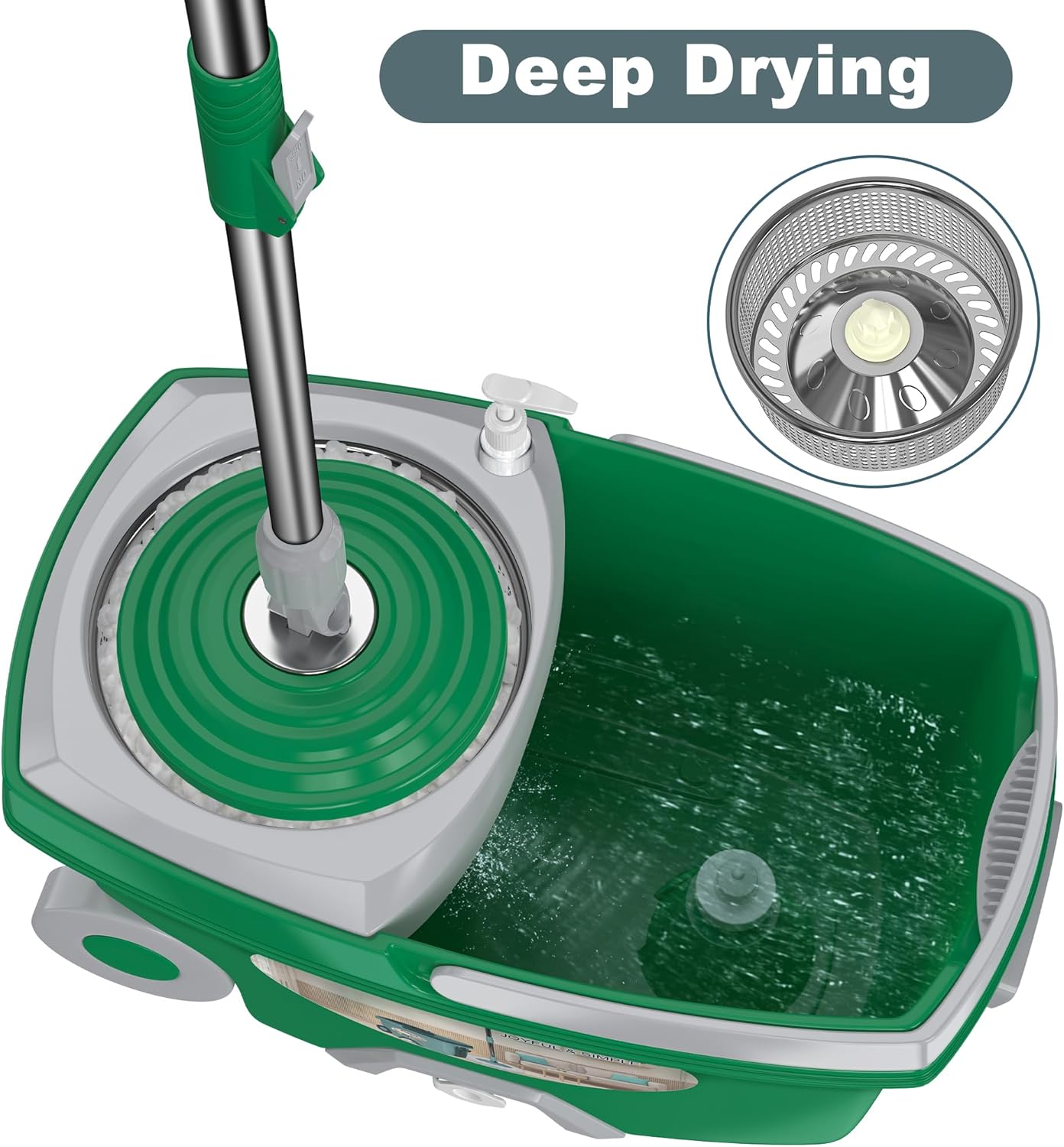 Dual Compartment Spin Mop and Bucket, Mop and Bucket with Wringer Set,360°Rotating Spinning Mopping for Floor Cleaning with 6 Microfiber Replacement Heads, 61" Extended Handle, 2X Wheel - Deep Green