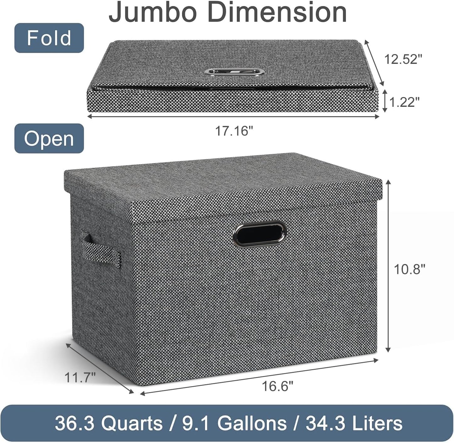 Large 17" 36 Quart Collapsible Stackable Storage Bins with Lids, 3 Packs Black and White Mix Linen Fabric Closet Boxes with Lids, Storage Cube Baskets Container Organizers (17x12x11)