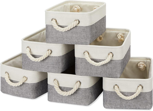 Temary Small Storage Baskets for Organizing 6Pcs Small Storage Bins, Decorative Collapsible Fabric Gift Baskets Empty for Home (White&Grey,11.8L x 7.9W x 5.3H inches)