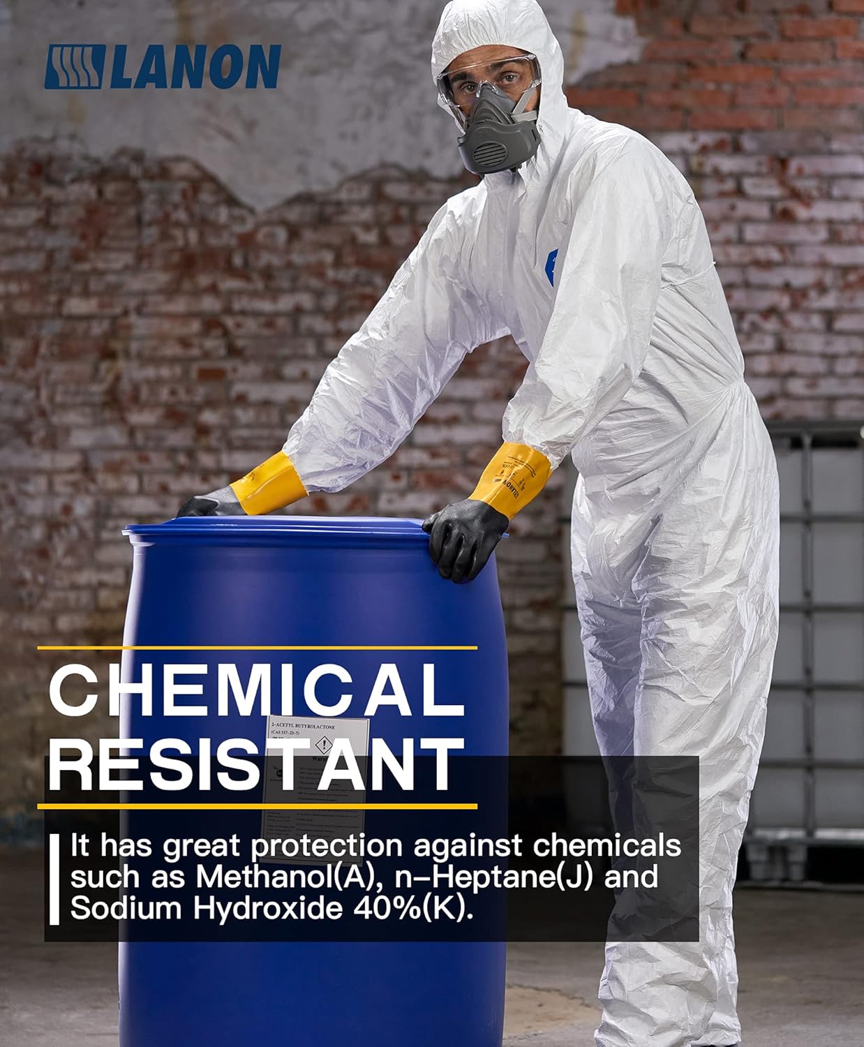 LANON PVC Chemical Gloves, Thick Rubber Work Gloves, Heavy-Duty, EN 374/388, Acid, Alkali and Oil, Non-Slip, Large