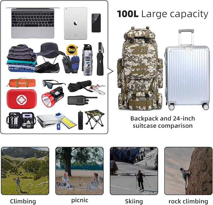 100L Camping Hiking Backpack, Molle military Tactical rucksack backpack - Image 6