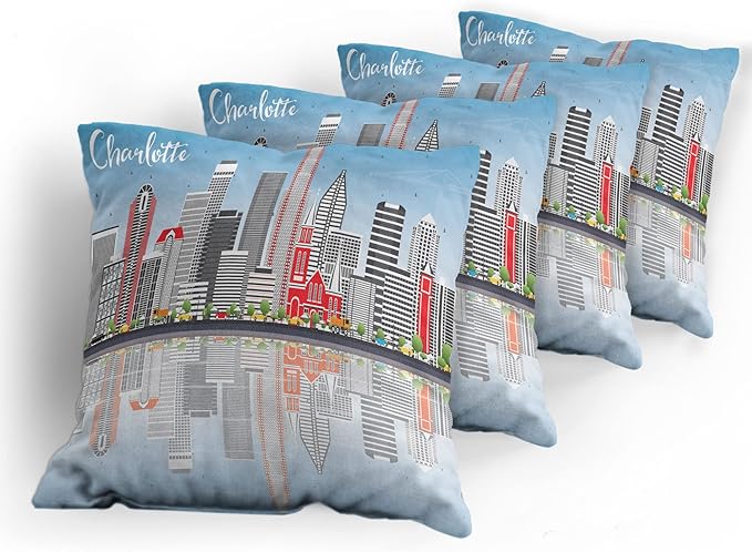 Ambesonne North Carolina Throw Pillow Cushion Case Pack of 4, Charlotte Skyline - Image 5